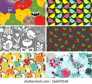 Set of six cards with birds, flowers and monsters. Vector illustration. 