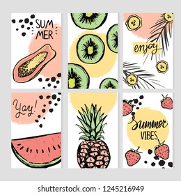 Set of six cards with colorful elements. Summer templates with hand drawn tropic fruits
