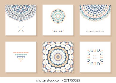 Set of six cards with ethnic design. Stylish tribal geometric backgrounds. Templates for invitations, postcards with aztec ornaments. Vector illustration.