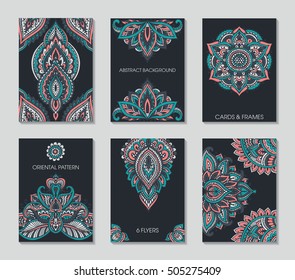 Set of six cards or flyers with abstract henna mehndi ornament. Decorative colorful pattern with ornate texture, tribal ethnic oriental motif. Vector illustration