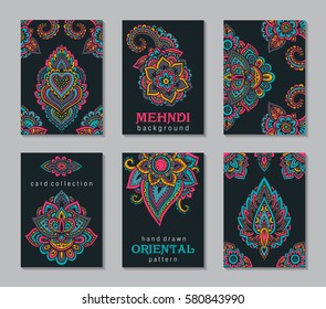 Set of six cards or flyers with abstract henna mehndi ornament. Decorative colorful pattern with ornate texture, tribal ethnic oriental motif. Vector illustration