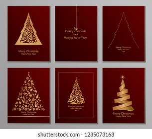 Set Six Cards, Gold Christmas Tree With Jewels On A Red Background Of Skates, Sledge, Hand Bell, Candle, Angel, Candies.
