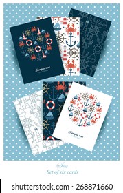 Set of six cards or invitations with sea design. Vector illustration