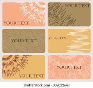 Set of six cards with rounded corners decorated with pattern of fluctuating lines. Brown, sand, peach colors. Vector illustration