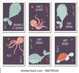 Set of six cards with underwater animals and birthday messages, whale, octopus, turtle, colorful vector illustration
