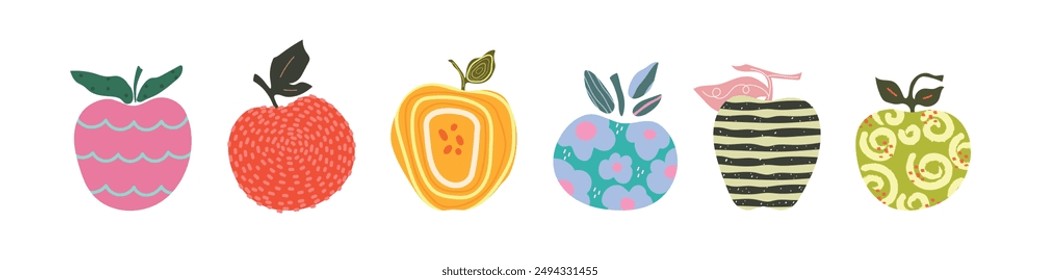 Set of six cartoon abstract apple on white background. Vetor illustration	