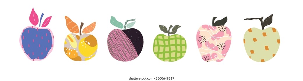 Set of six cartoon abstract apple on white background. Vetor illustration	