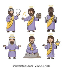 Set of six cartoon biblical characters wearing purple robes and yellow sashes with golden halos, including figures holding stone tablets, scrolls, and performing meditation on white.