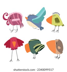 Conjunto de seis pájaros de dibujos animados. Ilustración vectorial, patrón infantil.