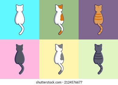 Set of six cartoon cats. White, Black,  Gray tabby, Red tabby, White cat with red spots, White cat with gray spots. Back view