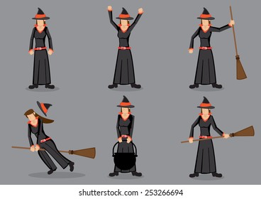 Set of six cartoon character wearing black robe costume and pointed hat and holding magic broom. Witch for fancy dress party and halloween trick and treat.