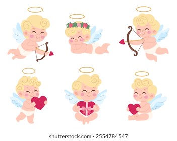 A set of six cartoon characters with angel wings and bows. One of the characters is holding a heart