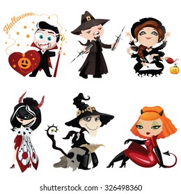Set of six cartoon characters on Halloween. Witches and wizards isolated on white background. Beautiful characters for Halloween in cartoon style. Vector illustration.