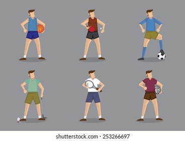 Set of six cartoon characters wearing different sports attire for the various ball games. Vector illustration isolated on grey plain background