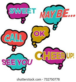 Set of six cartoon comic balloon speech bubbles in flat style. Elements of design comic books with different phrases. Vector illustration
