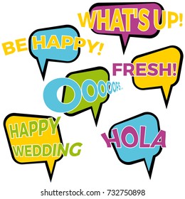 Set of six cartoon comic balloon speech bubbles in flat style. Elements of design comic books with different phrases. Vector illustration

