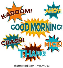 Set of six cartoon comic balloon speech bubbles in flat style. Elements of design comic books with different phrases. Vector illustration