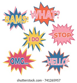 Set of six cartoon comic balloon speech bubbles in flat style. Elements of design comic books with different phrases. Vector illustration