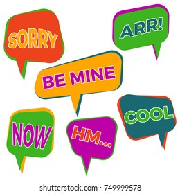 Set of six cartoon comic balloon speech bubbles in flat style. Elements of design comic books with different phrases. Vector illustration