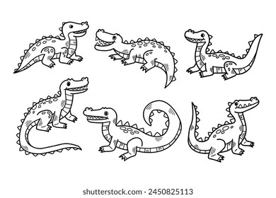 Un conjunto de seis cocodrilos de dibujos animados están sentados en varias poses. El primer cocodrilo está sentado en sus patas traseras, el segundo está sentado en su estómago, el tercero está sentado en sus patas traseras