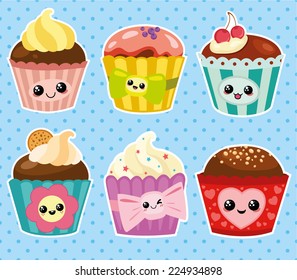 Set of six cartoon cupcakes