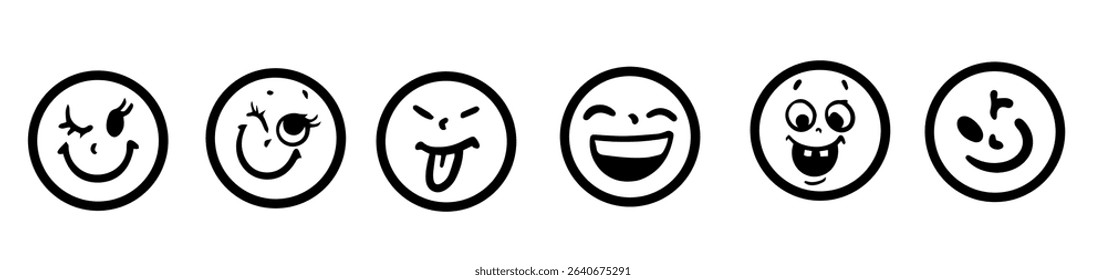 Set of six cartoon emoticons with various expressions in black and white style. Each face depicts a different emotion, ranging from happy to silly, with bold outlines.