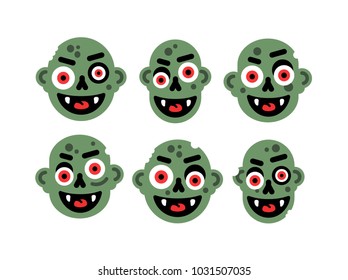 Set of six cartoon fancy and creepy zombie, monsters faces. Vector illustration, isolated