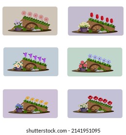 Set of six cartoon flowerbeds in garden carts with flower pots. Vector illustration.