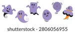 A set of six cartoon ghosts with different expressions and poses, presented as a vector illustration on a clean white background, ideal for Halloween designs.