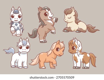 Um conjunto de seis cavalos de desenhos animados de cores diferentes. Ilustração vetorial.
