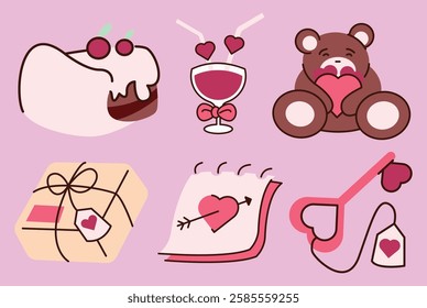 A set of six cartoon images of Valentine's Day items. The images include a cake, a teddy bear, a glass of wine, a cup, a box, and a calendar