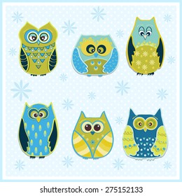 Set of six cartoon owls 