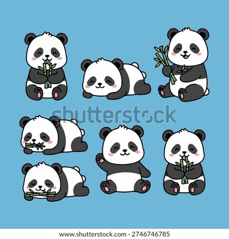 A set of six cartoon panda bears in various poses, each eating or holding bamboo shoots, against a solid light blue background. The pandas are depicted in a cute and playful style, with black and white fur, and pink cheeks and paw pads.