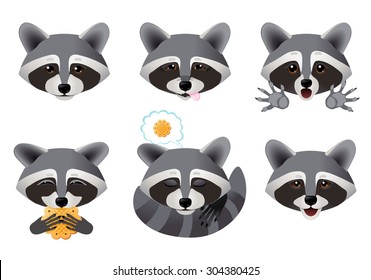 Set of six cartoon raccoon emotion. Raccoon emoji