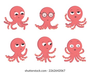 Set of six cartoon red octopus characters in different poses and different emotions. Colored vector flat illustration isolated on white background.