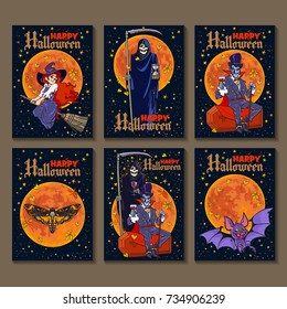 Set six cartoon style Halloween posters and Halloween characters  Hand drawn invitations greeting cards  Vector illustration 