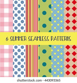 Set of six cartoon style summer seamless patterns. Typical symbols: sun, flower, strip, polka dot, rectangle.  Patchwork background in fresh and festive colors. Vector illustration for wrap, textile.