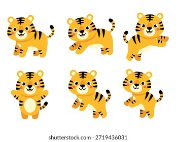 Un conjunto de seis ilustraciones de tigres de dibujos animados en diferentes poses dinámicas, mostrando rayas naranjas y negras, acentos blancos y expresiones alegres sobre un fondo blanco puro.