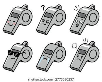A set of six cartoon whistle emoticons displaying various expressions including happy, confused, surprised, cool, sad, and angry, outlined in black on a white background.