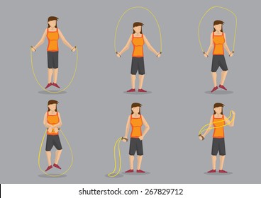Set of six cartoon woman exercising with skipping rope. Vector character for health and fitness isolated on grey background.
