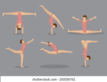 Set of six cartoon woman with great flexibility doing floor gymnastic exercises. Vector icons isolated on grey background