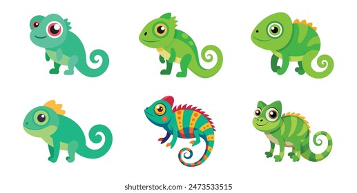 Set of Six Cartoon-Style Chameleon Vector Illustrations