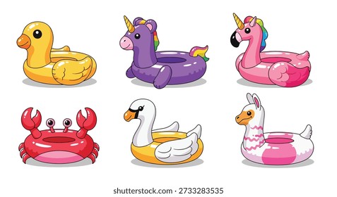 A set of six cartoon-style inflatable pool floats, including a duck, unicorn, flamingo, crab, swan, and llama.