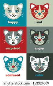 set of six cat faces in different mood