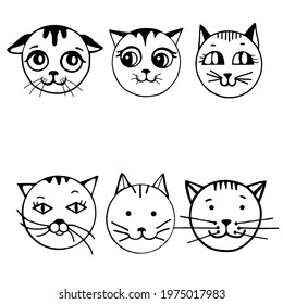 A set of six cat faces on a white background.Vector cat faces can be used in textiles, postcards,notebook covers, and packaging.Black and white drawing, doodles.