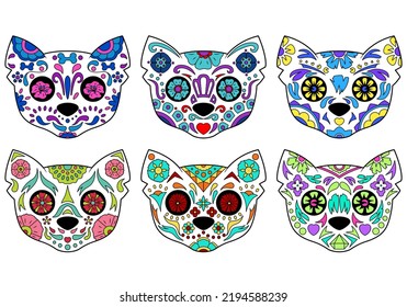 Set of six cat funny sugar skulls. Decor elements, prints. Mexican Day of the Dead. Dia de los Muertos. Halloween decoration. vector illustration isolated on white background