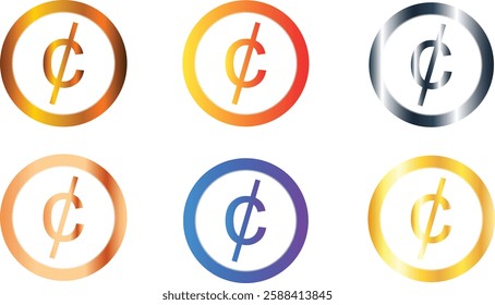 Set of six cent, centavo currency sign icons logos with golden orange silver and blue colors, centesimal subdivision of the US dollar, the Canadian dollar and the Mexican peso