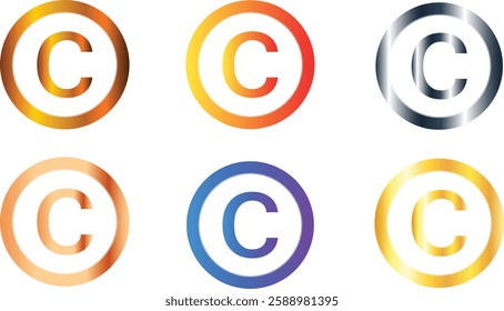 Set of six cent currency sign symbol icons logos with golden orange silver and blue colors Australian and New Zealand Dollar, South African Rand, West African CFA Centime, and Euro Divisions