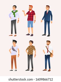 set of six character design illustration of man with different style from casual to formal. use for avatar, mascot and other