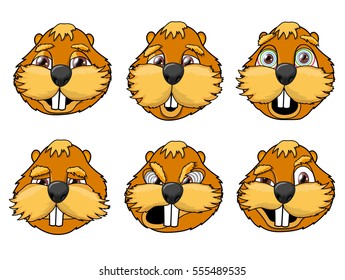 A set of six characters beaver on a white background. Six variants of the emotion beaver. Vector illustration.